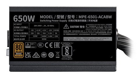 Cooler Master MWE Bronze 650 V3 230V moduł zasilaczy 650 W 24-pin ATX ATX Czarny