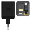 Ładowarka sieciowa USB-A USB-C GaN 67W z kablem zwijanym USB-C PD QC - czarna