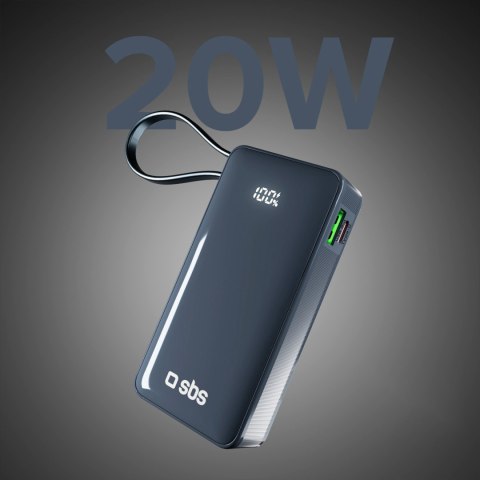Powerbank 10000mAh USB-A USB-C z wyświetlaczem wbudowanym kablem USB-C 20W - ciemnoszary