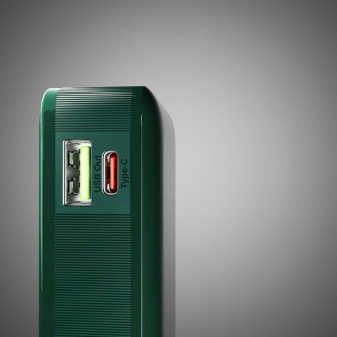 Powerbank 10000mAh USB-A USB-C z wyświetlaczem wbudowanym kablem USB-C 20W - zielony