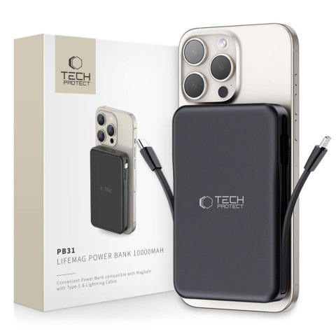 Powerbank magnetyczny PB31 10000mAh 15W MagSafe z kablami USB-C iPhone Lightning - czarny