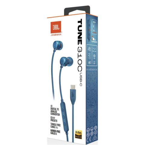 Słuchawki dokanałowe przewodowe JBL Tune 310C USB-C - niebieskie