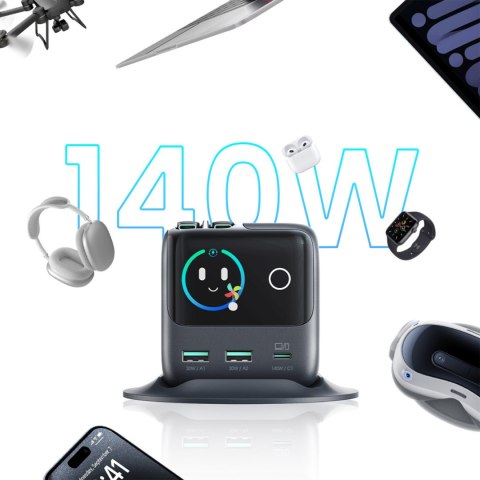Ładowarka biurkowa 5 portów 2 zwijane kable GaN 140W - szara