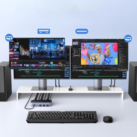 Przełącznik 2 komputery 2 monitory KVM DisplayPort USB-A USB-C 8K 60Hz - szary