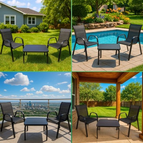 Klasyczny zestaw mebli ogrodowych Black Forest tekstylen dwa krzesła + stolik czarny