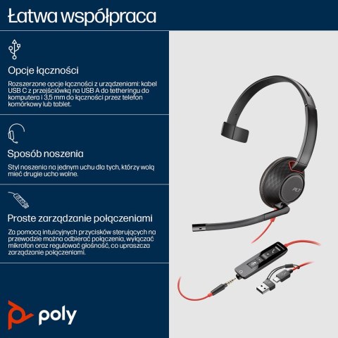 Poly Blackwire 5210 Monaural USB-C Headset +3.5mm Plug +USB-C/A Adapter (Bulk)