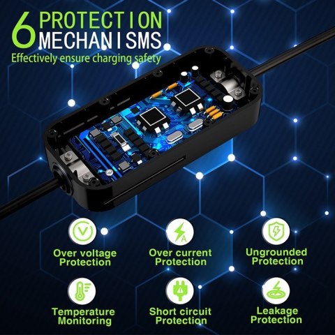 Qoltec Mobilna ładowarka do samochodu elektrycznego EV z regulacją 2w1 Typ2 | 3.5kW | 230V | LCD | Przenośna | Wallbox | 5m