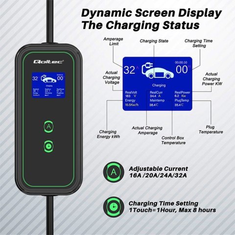 Qoltec Mobilna ładowarka do samochodu elektrycznego EV z regulacją 2w1 Typ2 | 7kW | 230V | CEE 3 PIN | Wi-fi| LCD | Przenośna | 