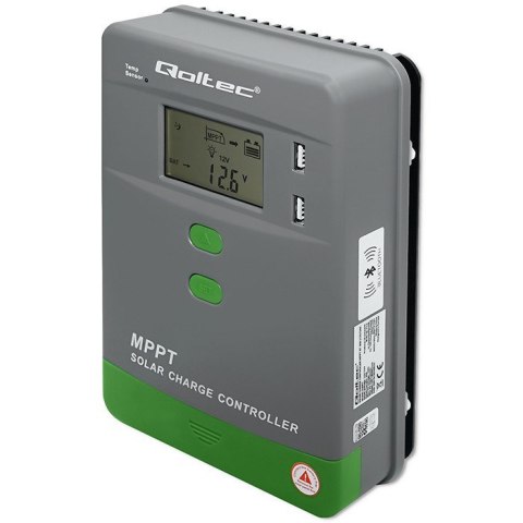 Solarny regulator ładowania MPPT Qoltec 53662 z czujnikiem temperatury 30A 12V/24V LCD 2xUSB Bluetooth APP GEL LiFePO4