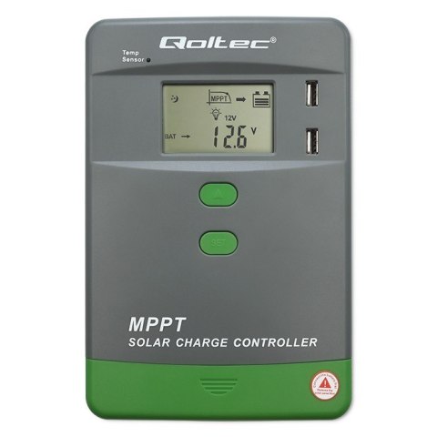 Solarny regulator ładowania MPPT Qoltec 53662 z czujnikiem temperatury 30A 12V/24V LCD 2xUSB Bluetooth APP GEL LiFePO4