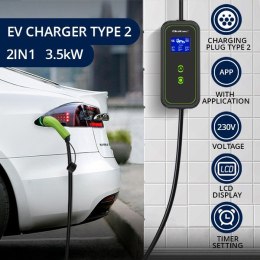 Qoltec 52476 Mobilna ładowarka do samochodu elektrycznego EV z regulacją 2w1 Typ2 | 3.5kW | 230V | Wi-fi | LCD | Przenośna | Wal