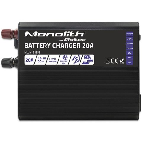 Qoltec Inteligentna ładowarka Monolith do akumulatorów LiFePO4 AGM GEL SLA, 20A, 12V