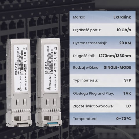 Extralink SFP+ 10G | Moduł SFP+ WDM | 10Gbps 1270/1330nm, single mode, 20km, LC, DOM, para, dedykowany dla HP/ARUBA