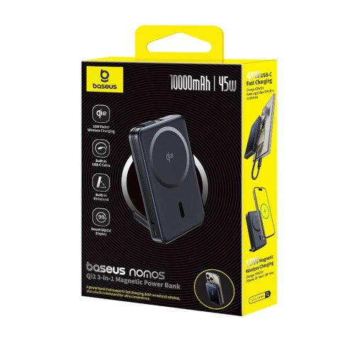 Powerbank magnetyczny 10000mAh z podstawką wbudowanym kablem USB-C MagSafe 45W Qi2 - czarny