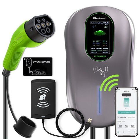 Qoltec Stacja ładowania EV Typ2 do samochodu elektrycznego i hybryd | 22kW | LCD | 2 Karty EV | 3 fazy | Wallbox | Hotel system 