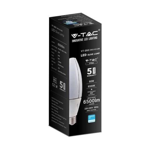 Żarówka LED V-TAC VT-260 SKU 21187 SAMSUNG CHIP 60W E40 4000K 6500lm Biały