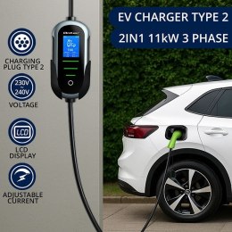 Qoltec Mobilna ładowarka do samochodu elektrycznego EV z regulacją 2w1 Typ2 | 11kW | 400V | Wi-fi | TUYA | SMART LIFE | LCD | Pr