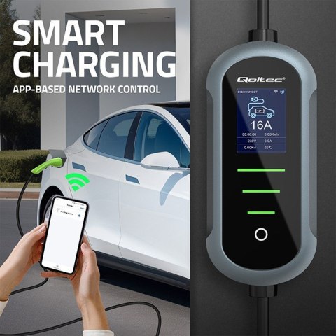 Qoltec Mobilna ładowarka do samochodu elektrycznego EV z regulacją 2w1 Typ2 | 11kW | 400V | Wi-fi | TUYA | SMART LIFE | LCD | Pr
