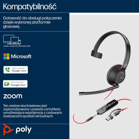 POLY Jednouszny zestaw słuchawkowy USB-C Blackwire 5210 + wtyczka 3,5 mm + przejściówka USB-C/A
