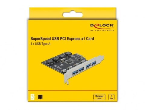 DeLOCK Karta PCI Express x1 do 4 x zewnętrzne USB Typ-A żeński SuperSpeed USB (USB 3.2 Gen 1)