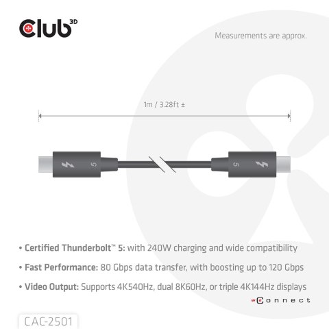 CLUB3D CAC-2501 kabel Thunderbolt 1 m 120 Gbit/s Czarny