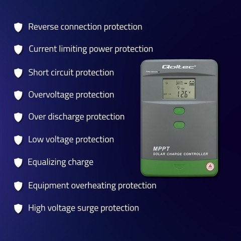 Qoltec Solarny regulator ładowania MPPT z czujnikiem temperatury 80A |12V / 24V / 36V / 48V | LCD | Bluetooth | APP | GEL | LiFe