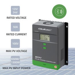 Solarny regulator ładowania MPPT Qoltec 53664 z czujnikiem temperatury 50A |12V / 24V | LCD | Bluetooth | APP | GEL | LiFePO4