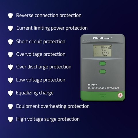 Solarny regulator ładowania MPPT Qoltec 53664 z czujnikiem temperatury 50A |12V / 24V | LCD | Bluetooth | APP | GEL | LiFePO4