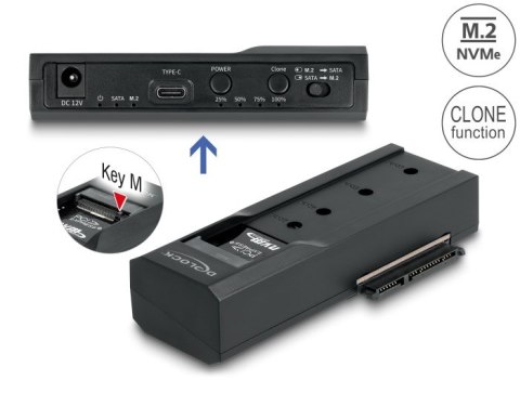 Delock - Kontroler pamięci - Funkcja klonowania - 2.5", 3.5", M.2 (6.4 cm, 8.9 cm) - Karta M.2 (PCIe NVMe i SATA) / SATA SSD - U