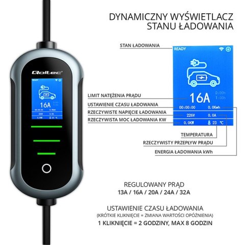 Qoltec Mobilna ładowarka do samochodu elektrycznego EV i hybryd z regulacją 2w1 Typ2 | 7kW | 230V | CEE 32A | Wi-fi | TUYA | SMA