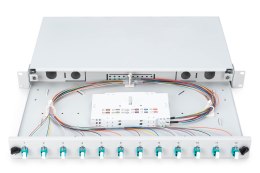 Panel krosowy FO z wyposażeniem 19'' 1U, 12x LC dx, OM3, pigtaile, adaptery, tacki, wysuwany, szary