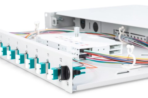 Panel krosowy FO z wyposażeniem 19'' 1U, 12x LC dx, OM3, pigtaile, adaptery, tacki, wysuwany, szary