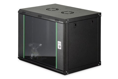 Szafa sieciowa wisząca DYNAmic 19" 9U rack 600x450, drzwi szyba, czarny, niedzielona, złożona, 60kg
