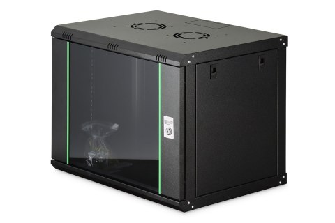 Szafa sieciowa wisząca DYNAmic 19" 9U rack 600x450, drzwi szyba, czarny, niedzielona, złożona, 60kg