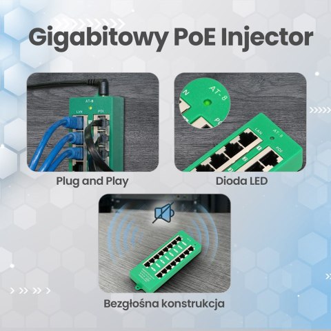 Extralink Gigabit PoE Injector 8 Portowy Aktywny, 8 portów Gigabit 802.3at/af, Mode A
