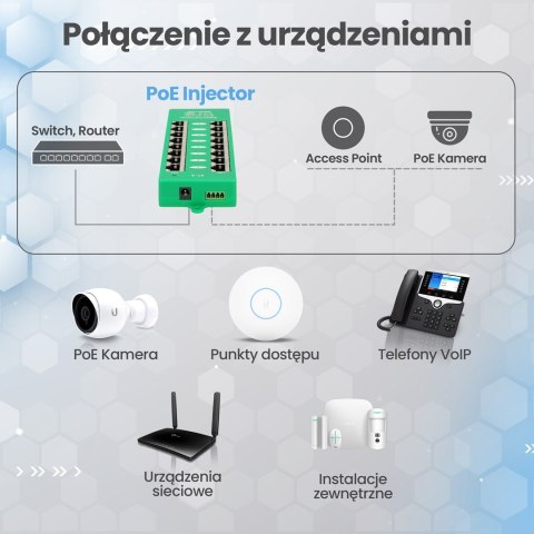 Extralink Gigabit PoE Injector 8 Portowy Aktywny, 8 portów Gigabit 802.3at/af, Mode A