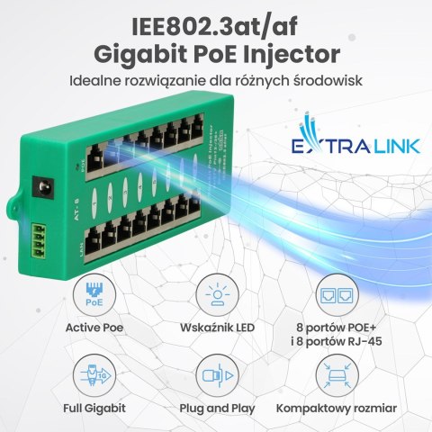 Extralink Gigabit PoE Injector 8 Portowy Aktywny, 8 portów Gigabit 802.3at/af, Mode A