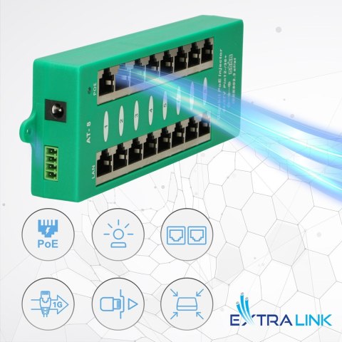Extralink Gigabit PoE Injector 8 Portowy Aktywny, 8 portów Gigabit 802.3at/af, Mode A