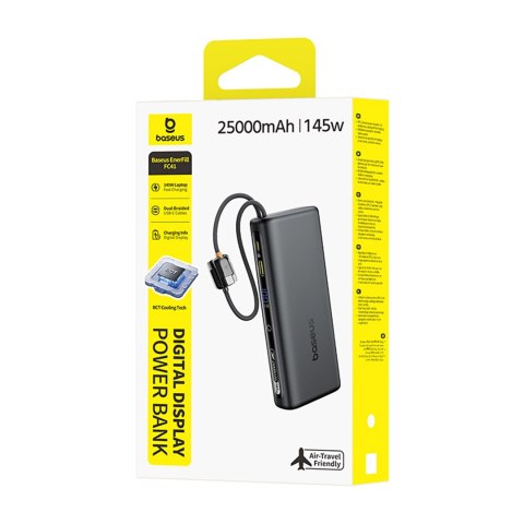 Powerbank 25000mAh 145W z wyświetlaczem wbudowanymi kablami USB-C - czarny