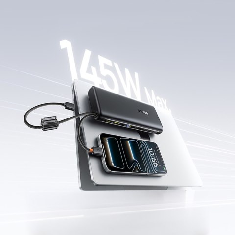 Powerbank 25000mAh 145W z wyświetlaczem wbudowanymi kablami USB-C - czarny