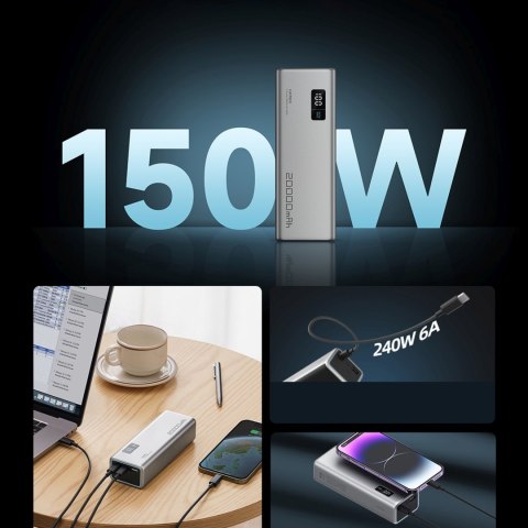Powerbank 20000mAh USB-A USB-C 150W - szary