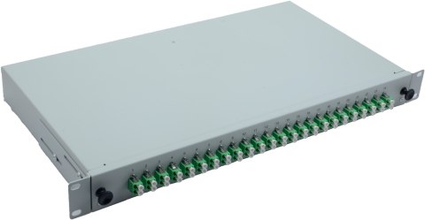 Skrzynka spawów światłowodowych 19" 24 x LC/APC Duplex OS2, zakończona spawami, szara