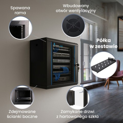 Extralink LITE 12U 530X400 WALL-MOUNTED RACKMOUNT CABINET BLACK Stojak wolnostojący/ścienny/podłogowy Czarny