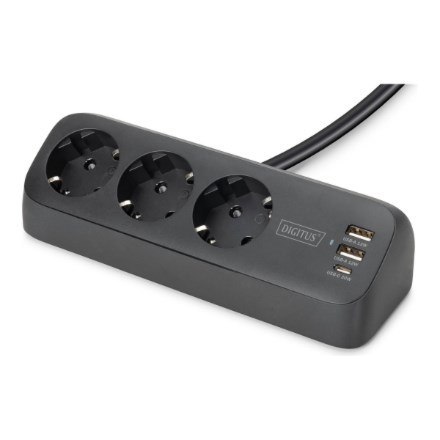 Digitus 3-drożna biurowa listwa zasilająca z 2 złączami USB-A i 1 złączem USB-C, czarna
