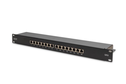 Digitus Panel krosowy (patch panel) 19'' 16x RJ45, LSA poziom, kat.6, ekranowany, 1U, czarny, prowadnica kabli