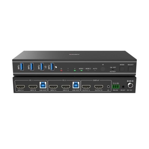 Lindy 2-portowy przełącznik KVM HDMI 4K60 USB3.0 z podwójną głowicą