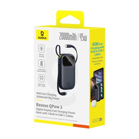 Powerbank 20000mAh USB-A USB-C z wyświetlaczem i 2 wbudowanymi kablami 45W - czarny