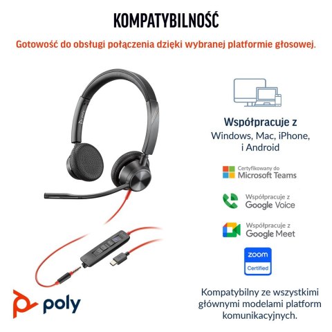 HP Poly Zestaw słuchawkowy stereo Poly Blackwire 3325 USB-C z certyfikatem Microsoft Teams + wtyczka 3,5 mm + przejściówka USB-C
