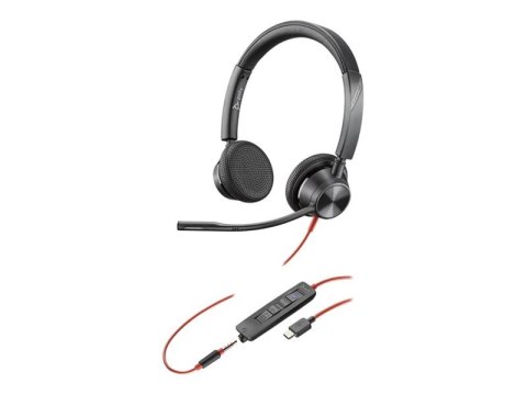 HP Poly Zestaw słuchawkowy stereo Poly Blackwire 3325 USB-C z certyfikatem Microsoft Teams + wtyczka 3,5 mm + przejściówka USB-C
