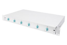 Panel krosowy FO z wyposażeniem 19'' 1U, 6x LC dx, OM3, pigtaile, adaptery, tacki, wysuwany, szary